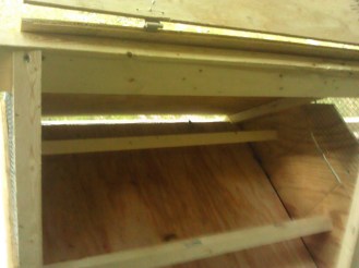 The coop has two perches for the chicks.