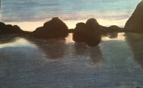 This pastel sketch was my first experience with silhouettes, and reminds me of all of the good times spent with the Pacific Discovery Corps.