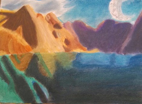 I decided to go with a more fantasy landscape next to a blue mountain lake.