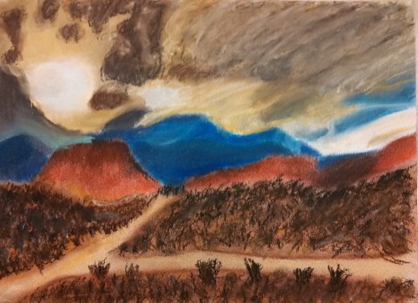 They sky is several layers of yellow, blue, light purples, and browns. 