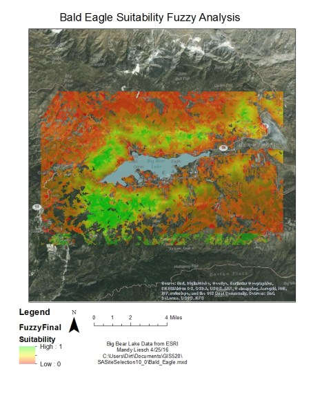 Figure 4: This image depicts the results of using fuzzy logic for site selection when determining possible bald eagle nesting habitat near Big Bear Lake, CA. Red indicates areas where bald eagle nesting is not likely, green indicates nesting is highly likely, and yellow indicates an intermediate possibility for nesting. Three membership layers were overlaid to achieve this result: distance to water, distance to human disturbances, and percent tree cover. The distance to water layer was created using a “small” type fuzzy membership. This type is used when small values have high membership, i.e. eagles are more likely near water. The human disturbance layer was created using a “linear” type fuzzy membership. This makes membership increase as the distance from human disturbance increases. Lastly, the tree cover layer was created using a “near” type fuzzy membership. This type is used when memberships valued at 1 occur at the midpoint of the data, i.e. eagles do not prefer extremely dense or extremely sparse tree cover. Click map to view larger image.