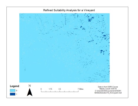 Figure 3: This is the same vineyard using a binary classification. In order to be acceptabe (1), ALL the traits from the previous map (Fig 2). This results in a lower proportion of suitable areas.