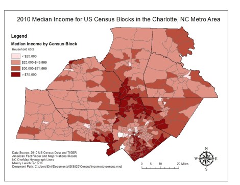 Figure 2: Median Income in a nine county area around the Charlotte metro area. Marketing will be targeted in the darker, wealthier areas. 