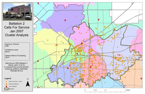 Figure 3. Results of using the Getis-Ord General G tool to calculate a z-score to assess whether the features were clustered. Click on map for enlarged image