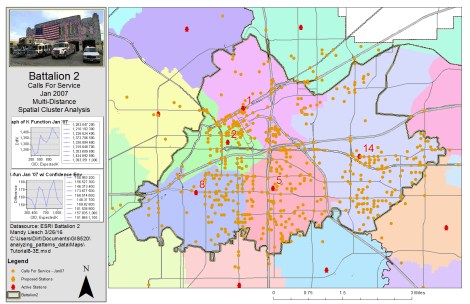 Figure 4. Results of using the multi-distance spatial cluster analysis tool (Ripley's K Function) to assess the significance of clustering. Click on the map for an enlarged image.