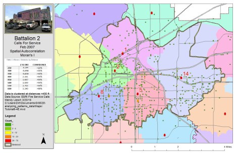 Figure 5. Results of using the spatial autocorrelation tool (Global Moran's I) to determine z-scores and confidence levels assessing the level of clustering at varying distances (based on an initial 200-foot grid). Click on the map for an enlarged image.