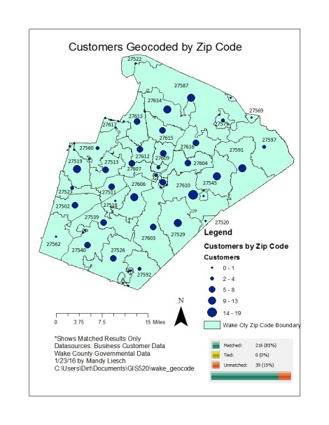 Figure 2. Showcase attendees geocoded by zip code. The main drawback of this method is that multiple attendees in the same zip code cannot be differentiated spatially. The showcase coordinators would not be able to visualize where attendees were coming from within the zip code areas.