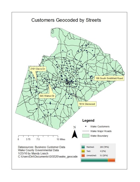 Figure 3: Customers geocoded by street. As this method allows attendees to be identified uniquely by house number, the showcase coordinators will be able to better visualize what areas of the county their attendees are coming from.