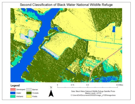 Figure 3: Reclassification attempt number two. In this case, the water is better represented, however, the shadows cast by the forest are now classified as water.  Attempts to correctly classify the shadowed regions resulted in severe errors in classification across the rest of the map. Click on map for enlarged image.