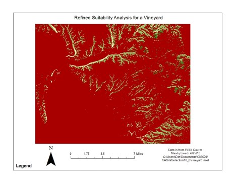 Figure 2: A representation of the vineyard suitability (5 is best) taking into account solar radiation, elevation, distance from highways, and slope.